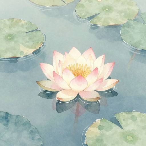 Watercolor painting of a glowing white and pink lotus flower with yellow center, floating on calm blue water surrounded by green lily pads.