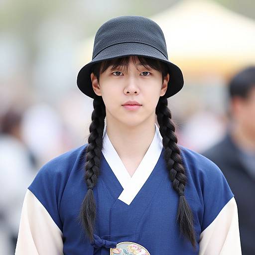 Photograph of a young Asian woman with fair skin, black braided hair, wearing a black hat and navy blue traditional Korean shirt, standing in a