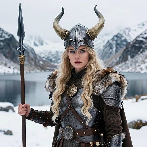 Digital artwork of a blonde woman in Viking armor with horns, holding a spear, standing in a snowy mountain landscape.