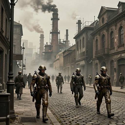 Photorealistic CGI: soldiers in full combat gear march down a foggy, cobblestone street lined with industrial buildings and smokestacks.