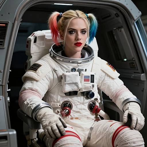 Digital artwork of a blonde woman with blue and pink pigtails in a white astronaut suit, seated in a spacecraft. She has red lipstick, intense