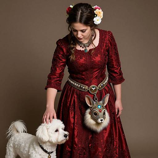 Photograph of a young woman in a red, ornate Victorian dress with floral hairpins, touching a white dog, wearing a decorative rabbit mask with