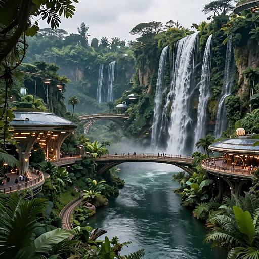 Photograph of a lush, tropical waterfall scene with two illuminated, futuristic pavilions on either side of a curved bridge, surrounded by dense greenery
