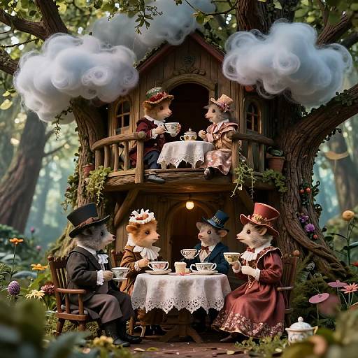 Whimsical photograph of anthropomorphic foxes in Victorian attire, having tea in a fairy-tale treehouse with white smoke clouds.