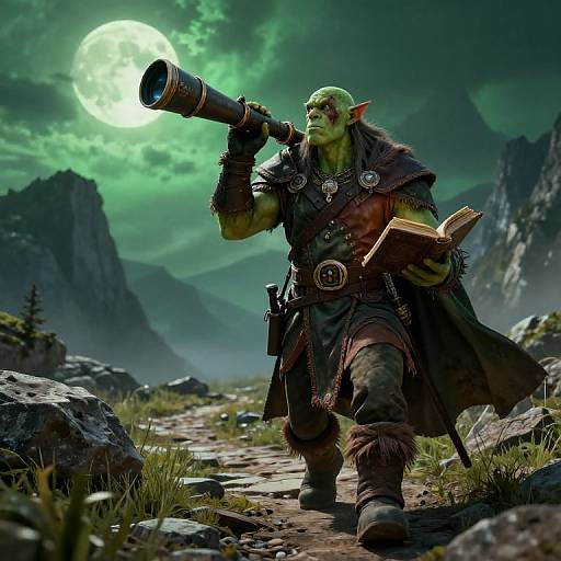 Digital artwork of a muscular, green-skinned orc warrior with pointed ears, holding a cannon and book, under a glowing full moon in a rocky,