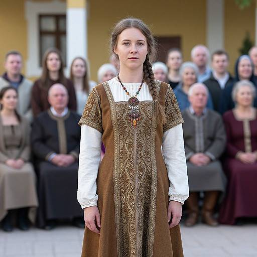 Photograph of a young woman with light skin and brown hair in a braid, wearing a medieval-style brown dress with intricate embroidery over a white blouse