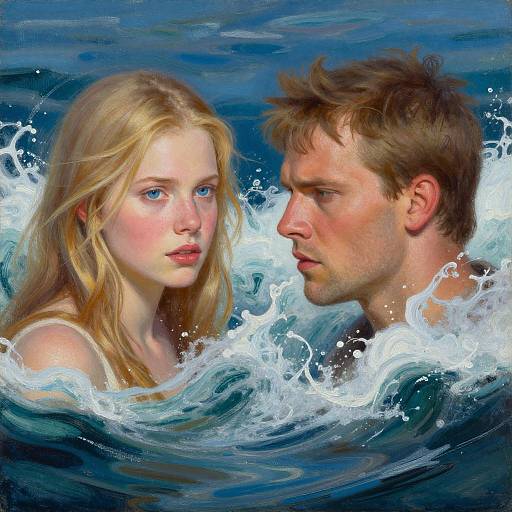 Digital painting of a blonde woman and a brown-haired man with intense expressions, partially submerged in vibrant blue ocean waves.
