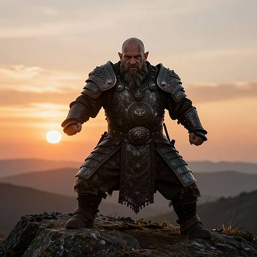 Photograph of a bald, bearded Viking warrior in ornate, silver armor, standing on a rocky mountain peak at sunset, fists clenched,