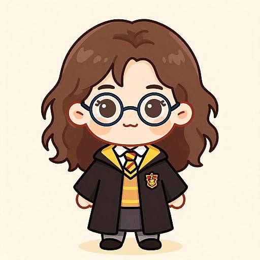 Chibi-style digital drawing of a brown-haired girl with round glasses, wearing a Hogwarts school uniform including a black robe, yellow-striped shirt, and Gry
