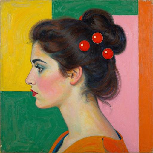 Digital painting of a woman in profile with dark hair in a bun, red bobby pins, red lipstick, orange top, against a colorful geometric background