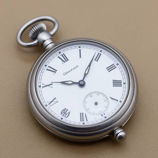 Photograph of a silver vintage pocket watch with a white face, black Roman numerals, and 
