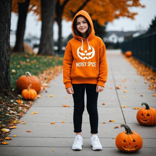 Girl in Orange Hoodie with Pumpkins on Sidewalk