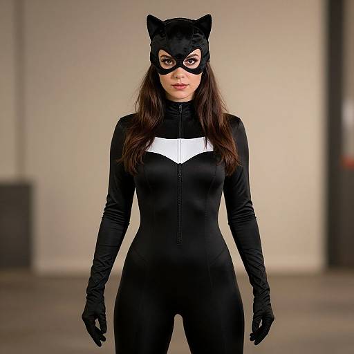 Photograph of a woman in a black catwoman costume with a black mask, white chest emblem, black gloves, and long brown hair, standing in