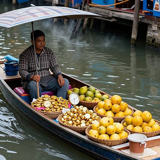 Photograph of a Southeast Asian man selling yellow fruits and sweets from a wooden boat on a calm river, under a white umbrella.
