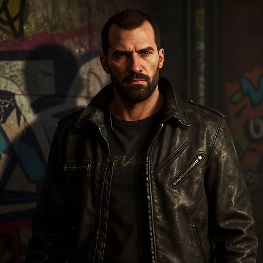 Photograph of a serious, bearded man with short dark hair, wearing a black leather jacket and black shirt, standing in a dimly lit,