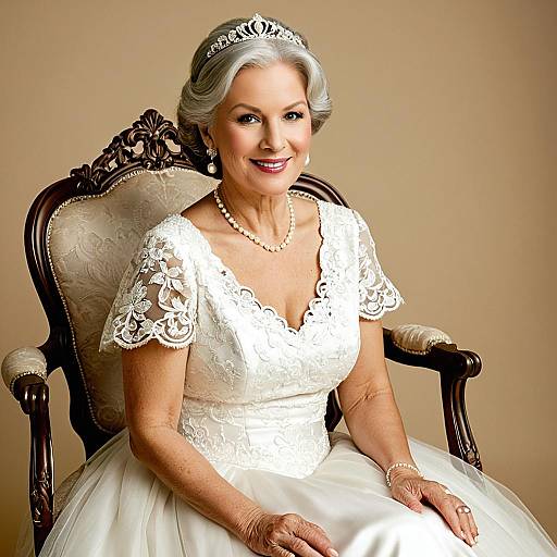 Elegant Elderly Bride in White Lace Wedding Dress