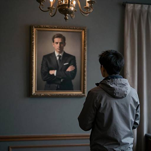Man Observing Formal Portrait in Dimly Lit Room