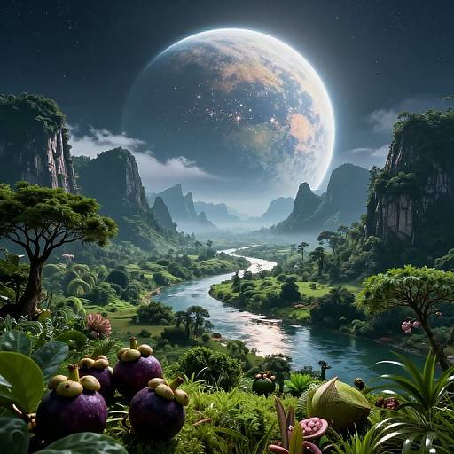 Digital art: Lush, exotic valley with a winding river, towering cliffs, vibrant plants, and a glowing, Earth-like planet in the night sky