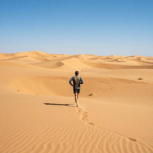 Photograph of a lone runner in blue shirt and black shorts, with a backpack, walking through vast, sunlit desert sand dunes under a clear
