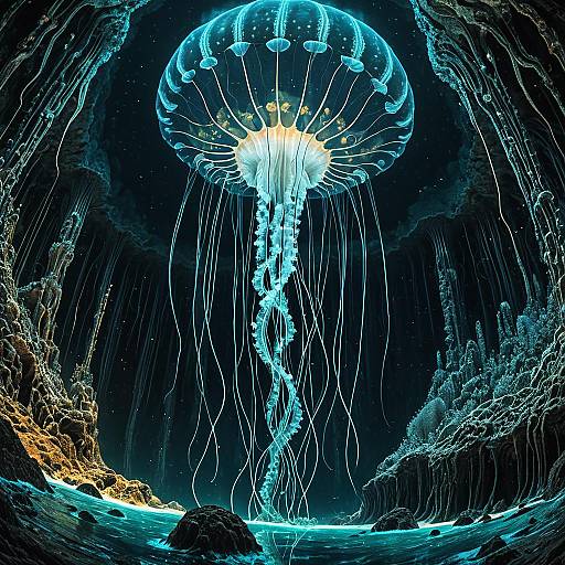 Ethereal Jellyfish in Luminescent Underwater Cave