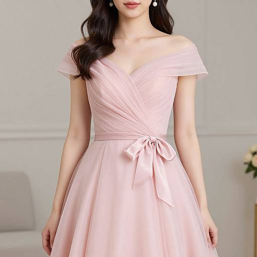 Photograph of a woman in an off-shoulder, pale pink satin dress with a bow waist, standing in a softly lit room.