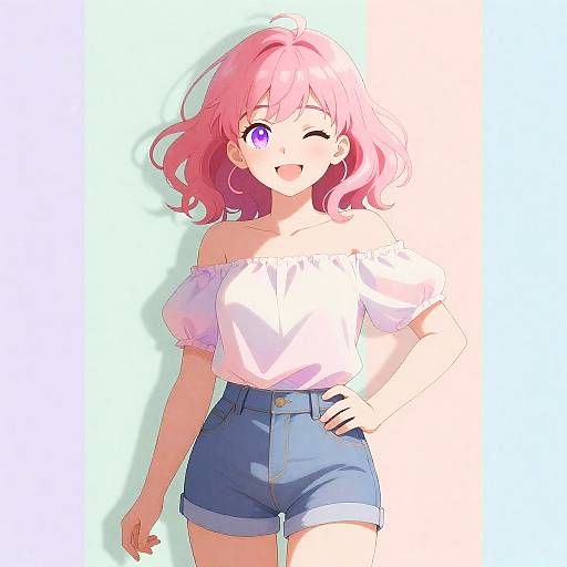 Playful Pastel Girl with Coral Curls