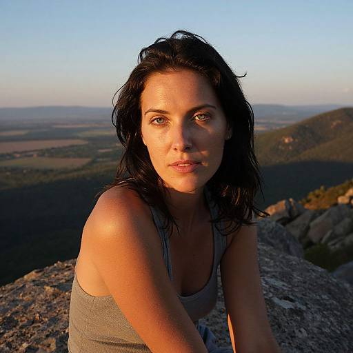 Photograph of a young woman with dark hair and light skin, wearing a gray tank top, sitting on a rocky mountain ledge, looking directly at the
