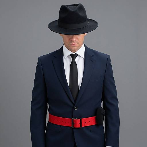 Photograph of a man in a black suit, white shirt, black tie, red belt, and black hat, standing against a gray background.