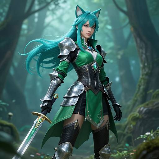 Digital art of a blue-haired, cat-eared warrior woman in green and silver armor, holding a sword in a misty forest.