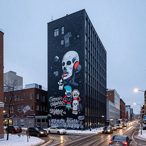 Photograph of a dark, six-story building with a large, colorful street art mural featuring a skull and abstract elements, set against a snowy urban street