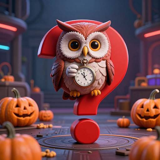 CGI cartoon owl with large eyes and brown feathers, holding a clock, perched on a red question mark in a Halloween-themed lab with carved pump