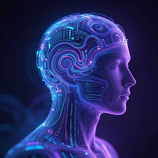 Neon-lit, cybernetic human head profile in vivid blue and purple, showcasing intricate circuit patterns and bioluminescent lines against a dark