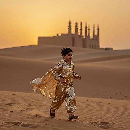 Photograph of young boy in golden traditional desert attire running through sandy dunes at sunset, with a distant castle silhouette.