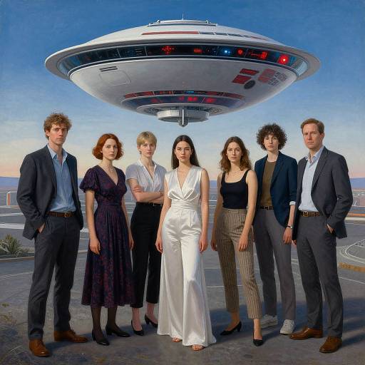 Photograph of six diverse adults in formal attire standing in front of a hovering UFO at a desert airport. Bright blue sky, clear horizon. Modern,