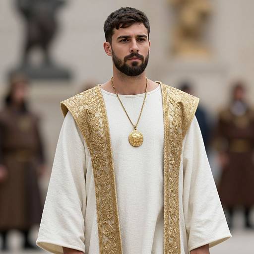 Photograph of a bearded man with dark hair, wearing an ornate white and gold religious robe, gold necklace with circular pendant, standing in a