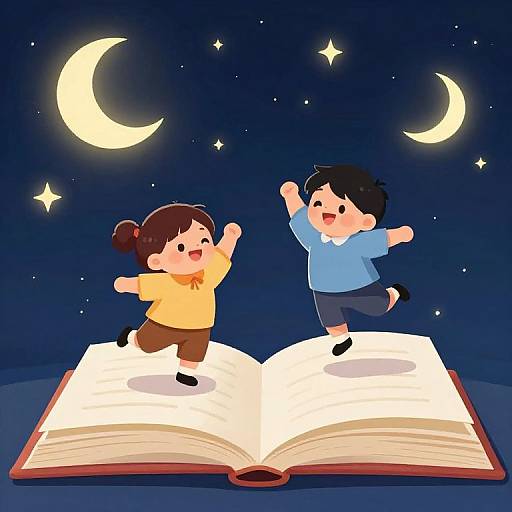 Illustration of a brown-haired girl and black-haired boy, both with arms raised, jumping on an open book under a starry night sky with cres