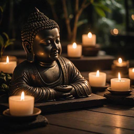 Buddha Statue with Candles and Plant