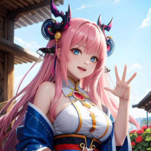 Anime-style digital illustration of a pink-haired girl with large blue eyes, wearing a yellow top, black sash, and red skirt, waving joyfully