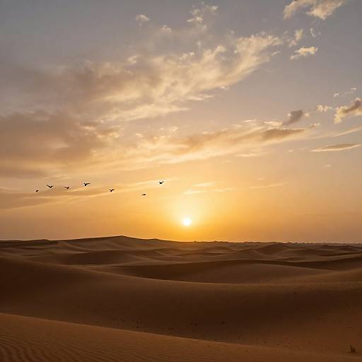 Photograph of a golden sunset over rolling sand dunes with a flock of birds flying in the sky, creating a serene desert landscape.