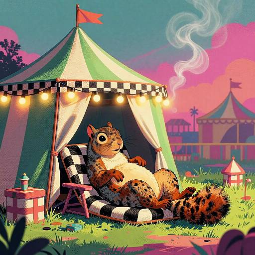 Colorful digital illustration of a relaxed, anthropomorphic squirrel lounging in a striped tent with fairy lights, surrounded by a vibrant carnival backdrop with a sm