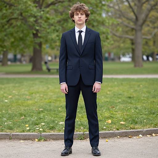 Photograph of a young man with curly brown hair, wearing a black suit, white shirt, and black tie, standing on a park path with green