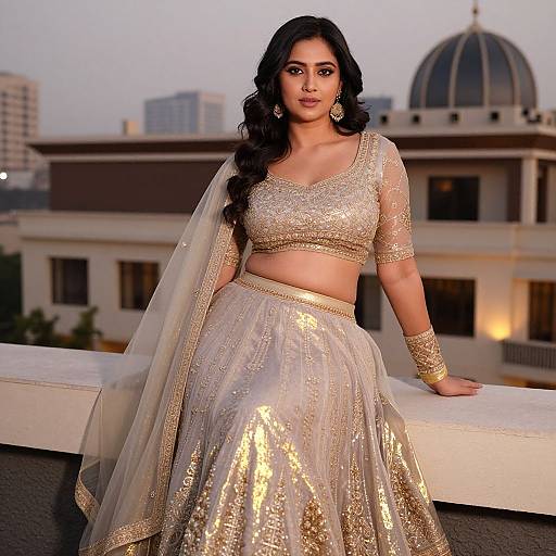 Photograph of a beautiful South Asian woman with long black hair, wearing a gold-embellished crop top and long skirt, seated on a balcony