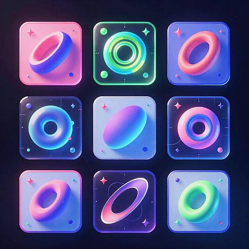 Neon digital artwork of nine glowing, colorful ring icons in blue, pink, green, and purple, each on a transparent square background.