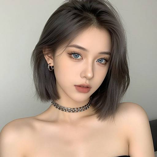 Photorealistic portrait of an Asian woman with short black hair, blue eyes, wearing a black choker and hoop earrings, against a plain white background