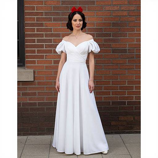 Photograph of a woman with dark hair in a red bow, wearing an off-shoulder white ball gown, standing against a brick wall.
