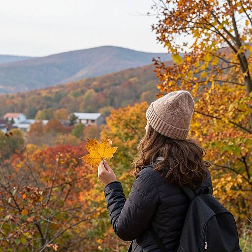 Photograph of a woman with wavy brown hair, wearing a beige knit hat and black jacket, holding an autumn leaf against a vibrant, colorful fall