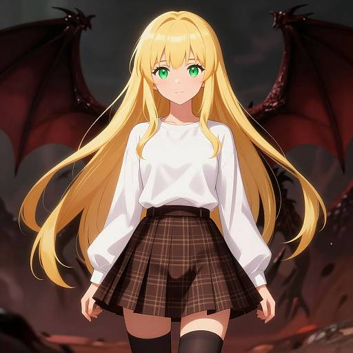 Anime-style digital drawing of a blonde girl with green eyes, wearing a white blouse and plaid skirt, standing in front of dark, ominous dragon wings