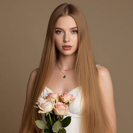 Photograph of a fair-skinned woman with long, straight blonde hair, blue eyes, wearing a white dress, holding pink roses, against a beige