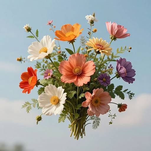 Photograph of a vibrant bouquet of orange, red, white, pink, and purple cosmos flowers with green foliage against a clear blue sky.