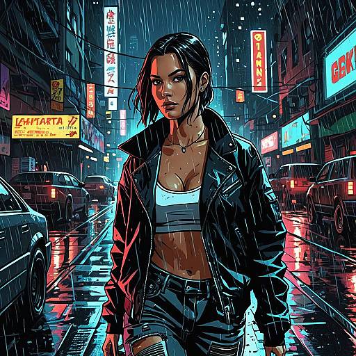 Cyberpunk Woman on Rainy Urban Street